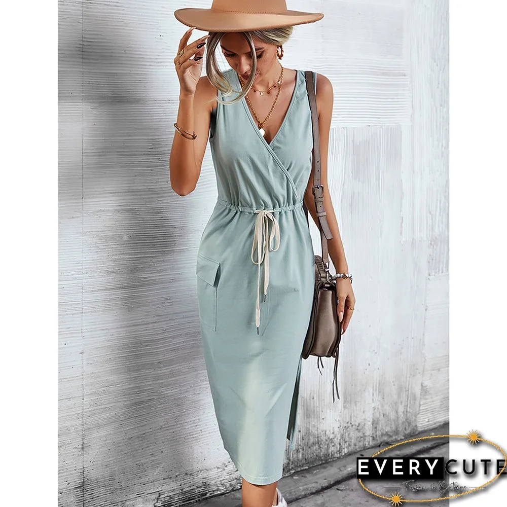 Light Green V Neck Knit Pocketed Casual Dress