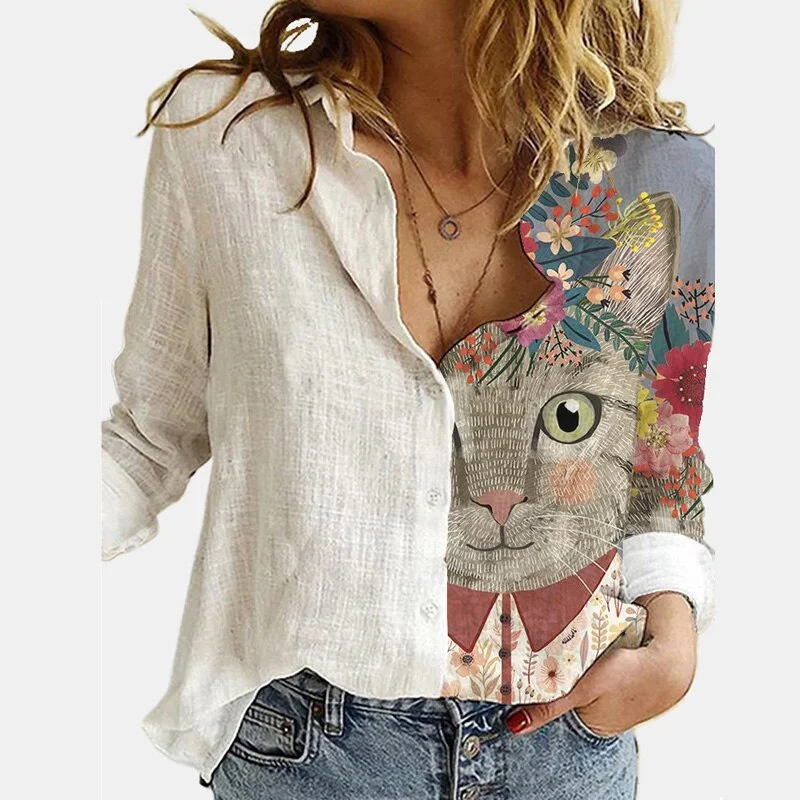 Vintage Women Patchwork Button Short Sleeve Blouse Summer Casual Loose Office Shirt Spring Femme 3XL Cats Printed Shirt Blusas