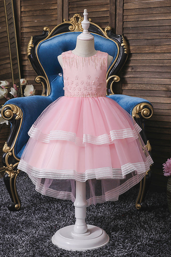 Oknass Blue Jewel Sleeveless Ball Gown Flower Girl Dress Tea Length with Appliques
