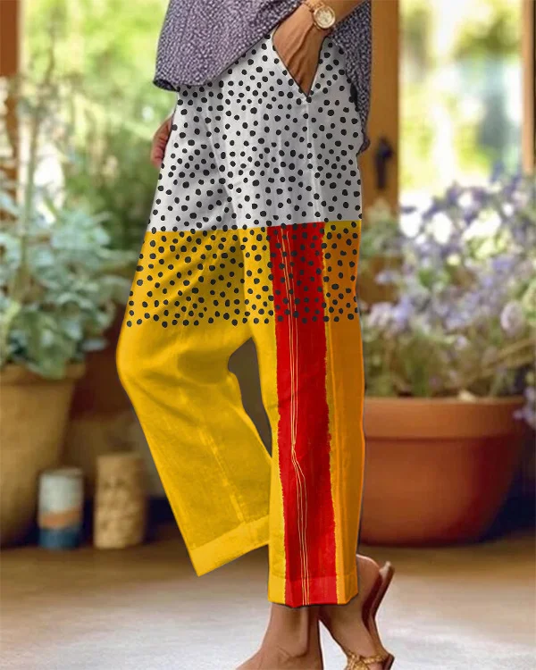 Vintage Polka Dot Abstract Art Print Loose Cotton and Linen Casual Pants