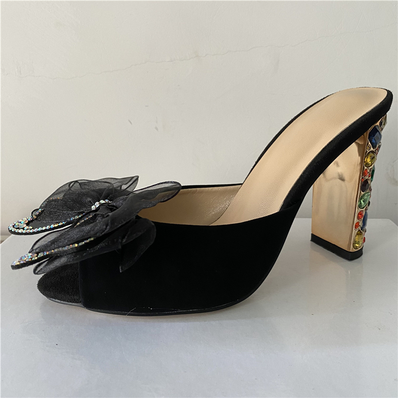 Vivid Diamond Butterfly-Flower Sandals Women Suede Slingbacks 10cm Jeweled Rhinestone High Heel Mules