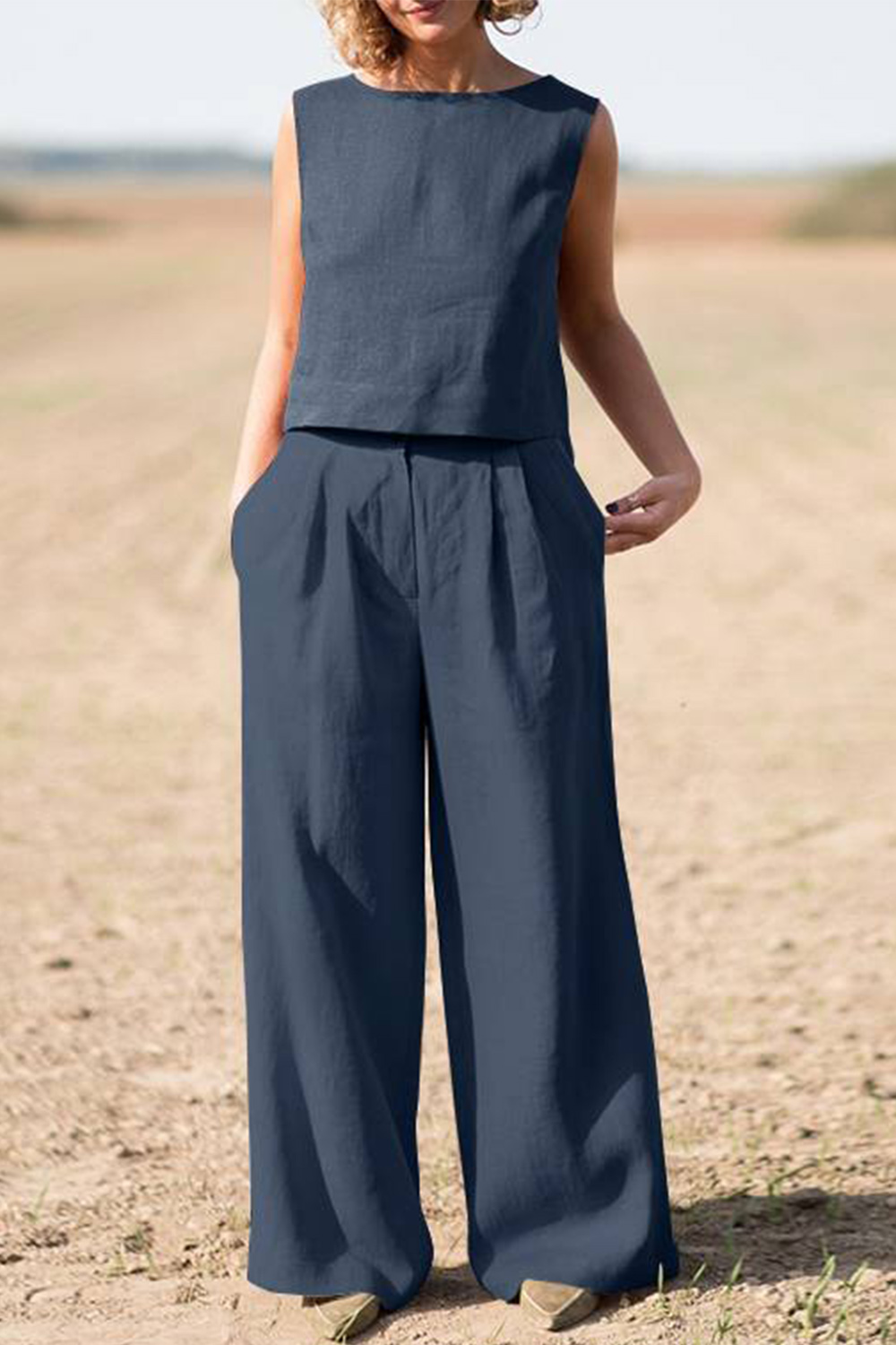 Plus Size Casual Orange Cotton And Linen Sleeveless Wide Leg Two Piece Pant Suit 2024 - Flycurvy 
