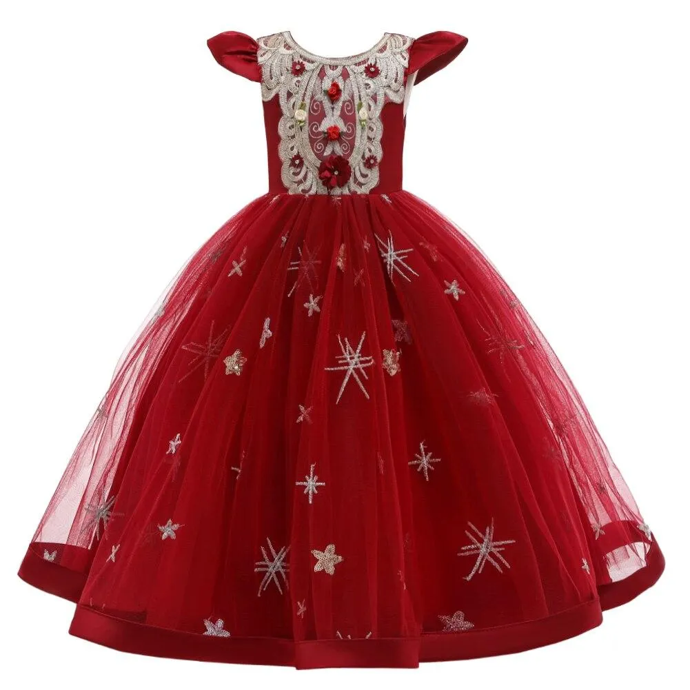 High End Long Style Dress For Girl Wedding Kids Crew Neck Embroidered Flower Kid Dress For Party 2-10 Years old
