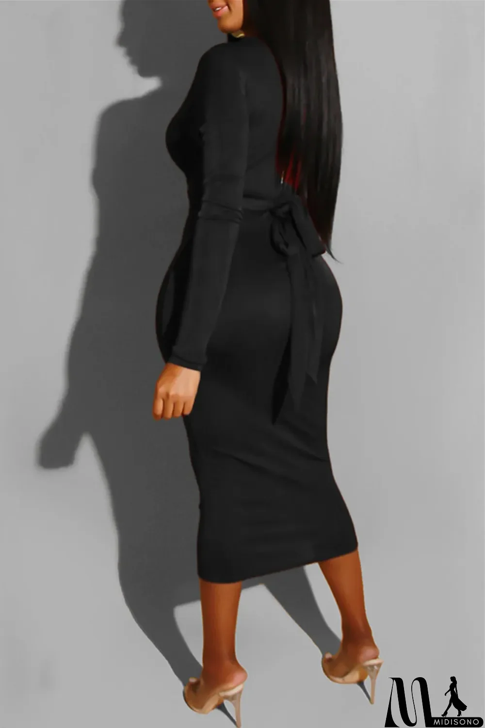 MidiSono - Deep Blue Fashion Casual Bandage O Neck Long Sleeve Dresses