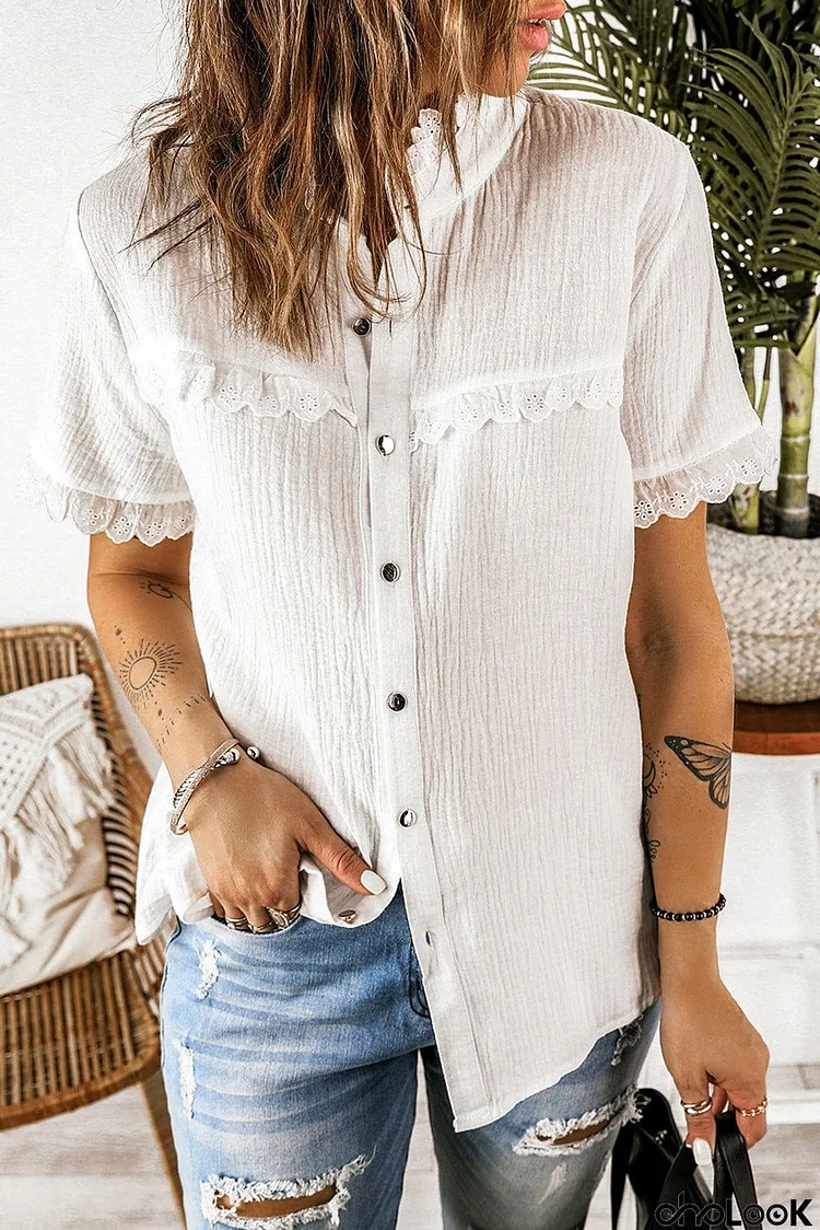 Scalloped Lace Trim Short Sleeve Shirt