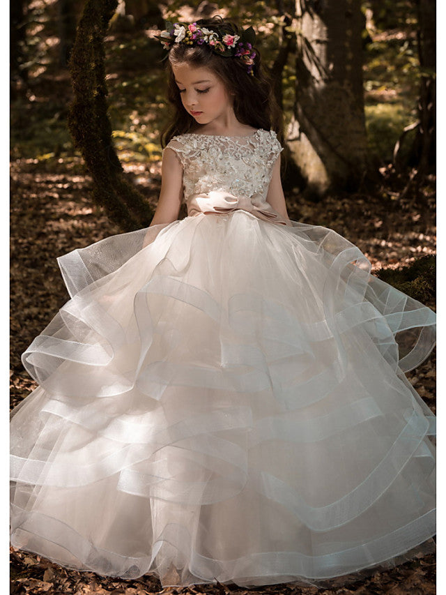 Oknass Ball Gown Sleeveless Jewel Neck Flower Girl Dresses Tulle  With Bow Solid