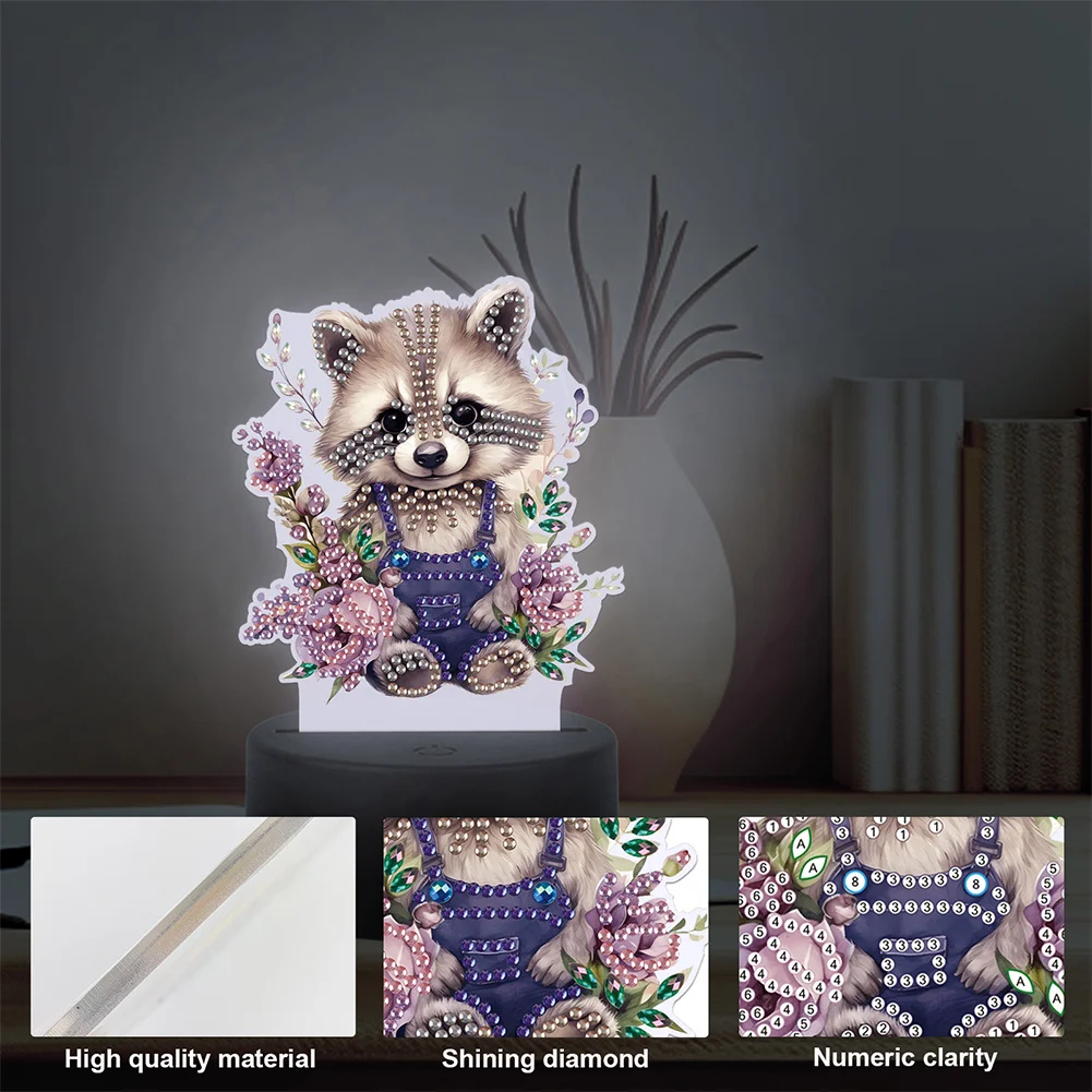 5D DIY Acrylic Raccoon Double Sided Diamond Painting LED Night Light for Adults