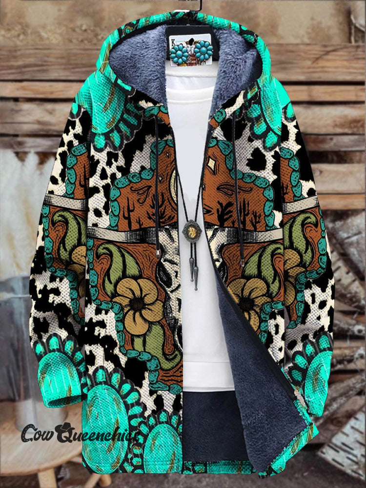 Vintage Western Tribal Aztec Cowboy Art Print Unisex Plush Thick Long-Sleeved Sweater Cardigan Coat