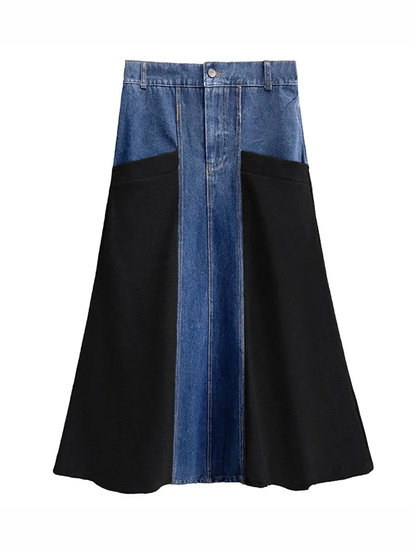 Street Denim Patchwork Black Split-Joint A-Line Skirt