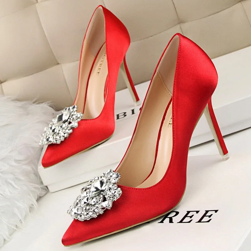 BIGTREE Kitten Heels Metal Rhinestones Woman Pumps Wedding Shoes High Heels Shoes Gold Silver Sexy Party Shoes Large size 43