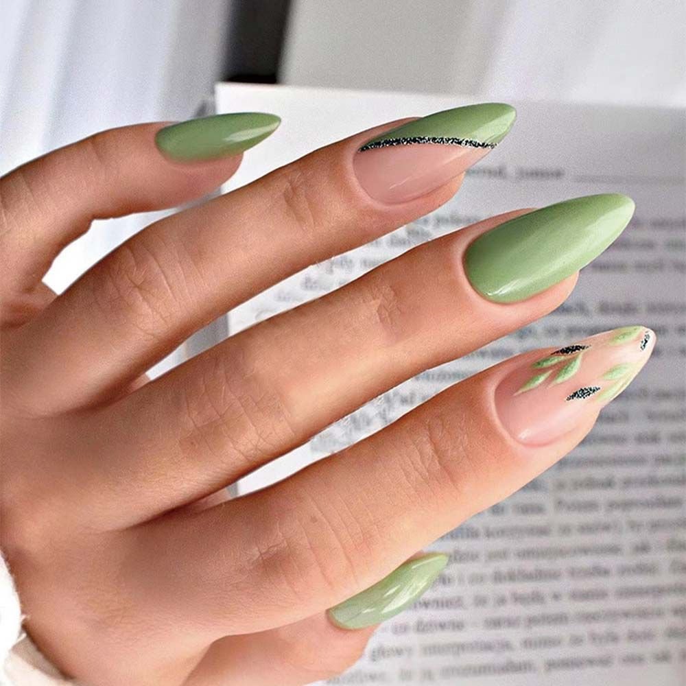 Agreedl Almond Green Leaf Gold Foil Black Line False Nails Wearable French Stiletto Fake Nails Full Cover Nail Tips Press On Nails