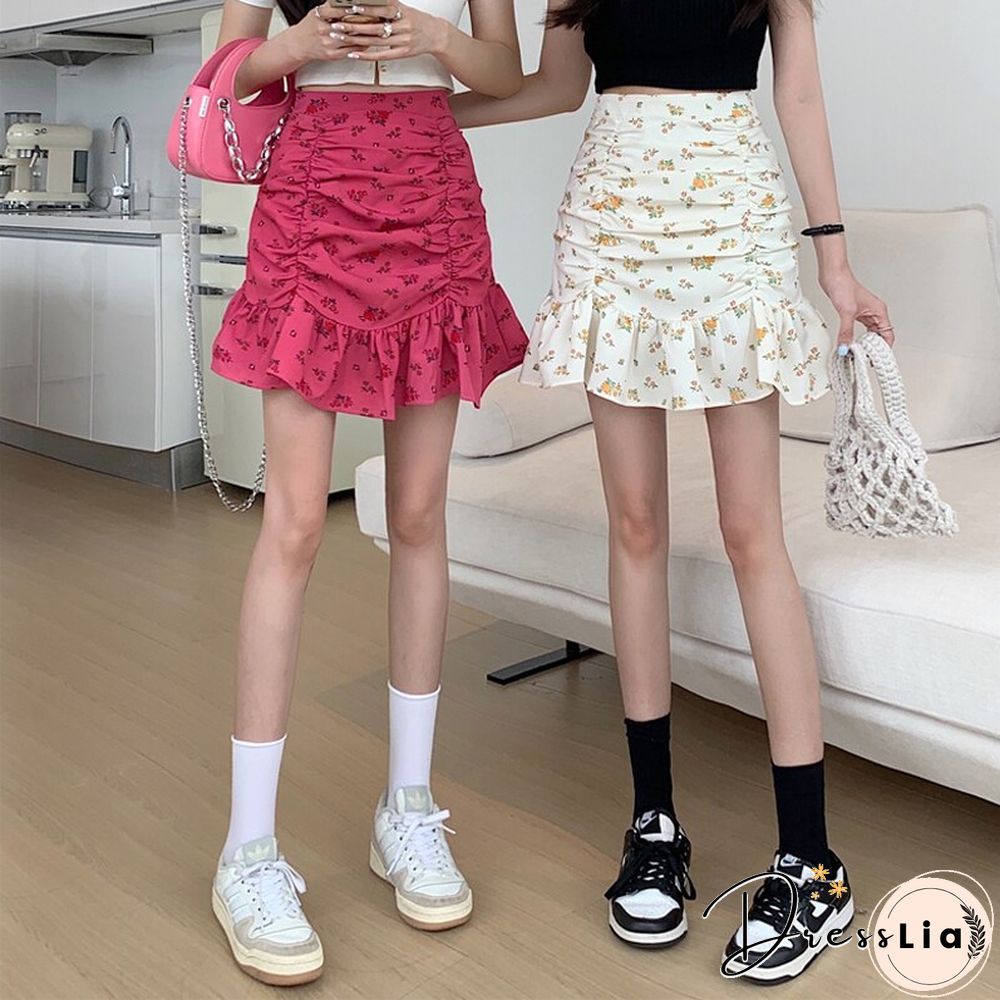 cute print trumpet mini skirt summer sweet high waist elegant a-line casual korean