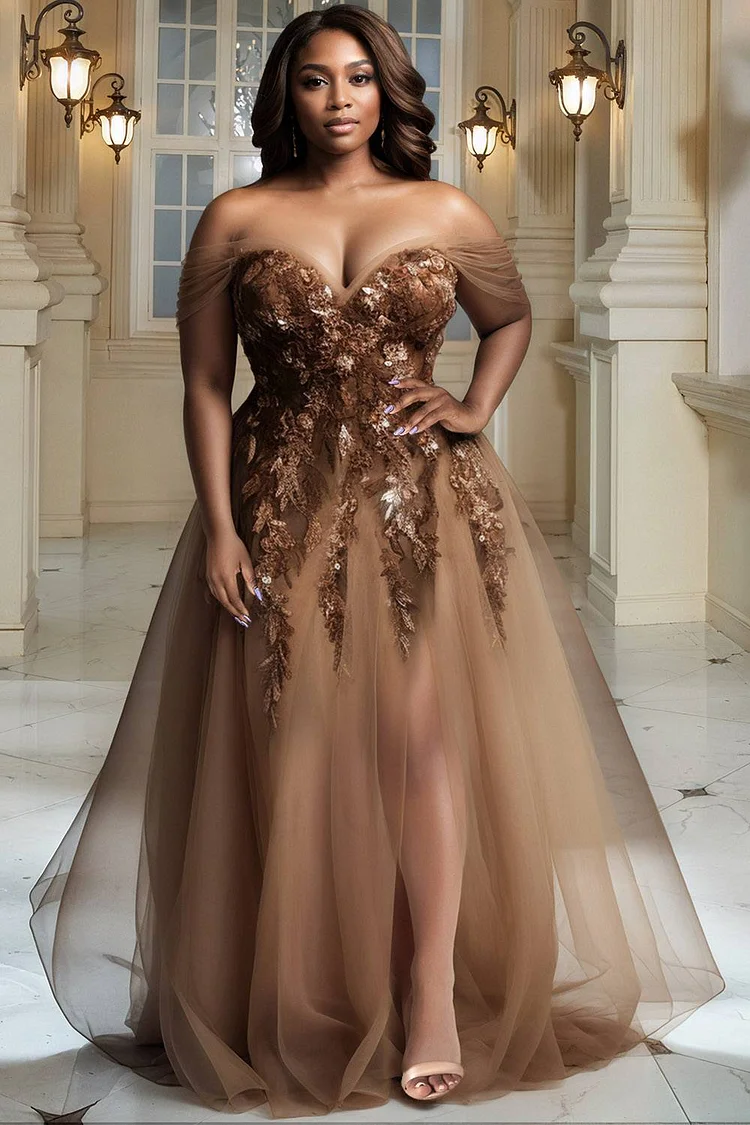 Xpluswear Design Plus Size Formal Brown Off The Shoulder Split Embroidery Tulle Maxi Dresses [Pre-Order] 2024 - Xpluswear