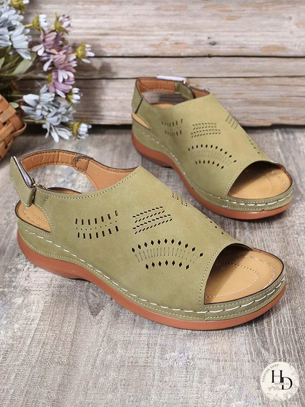 Cutout Velcro Vintage Casual Velcro Wedge Sandals