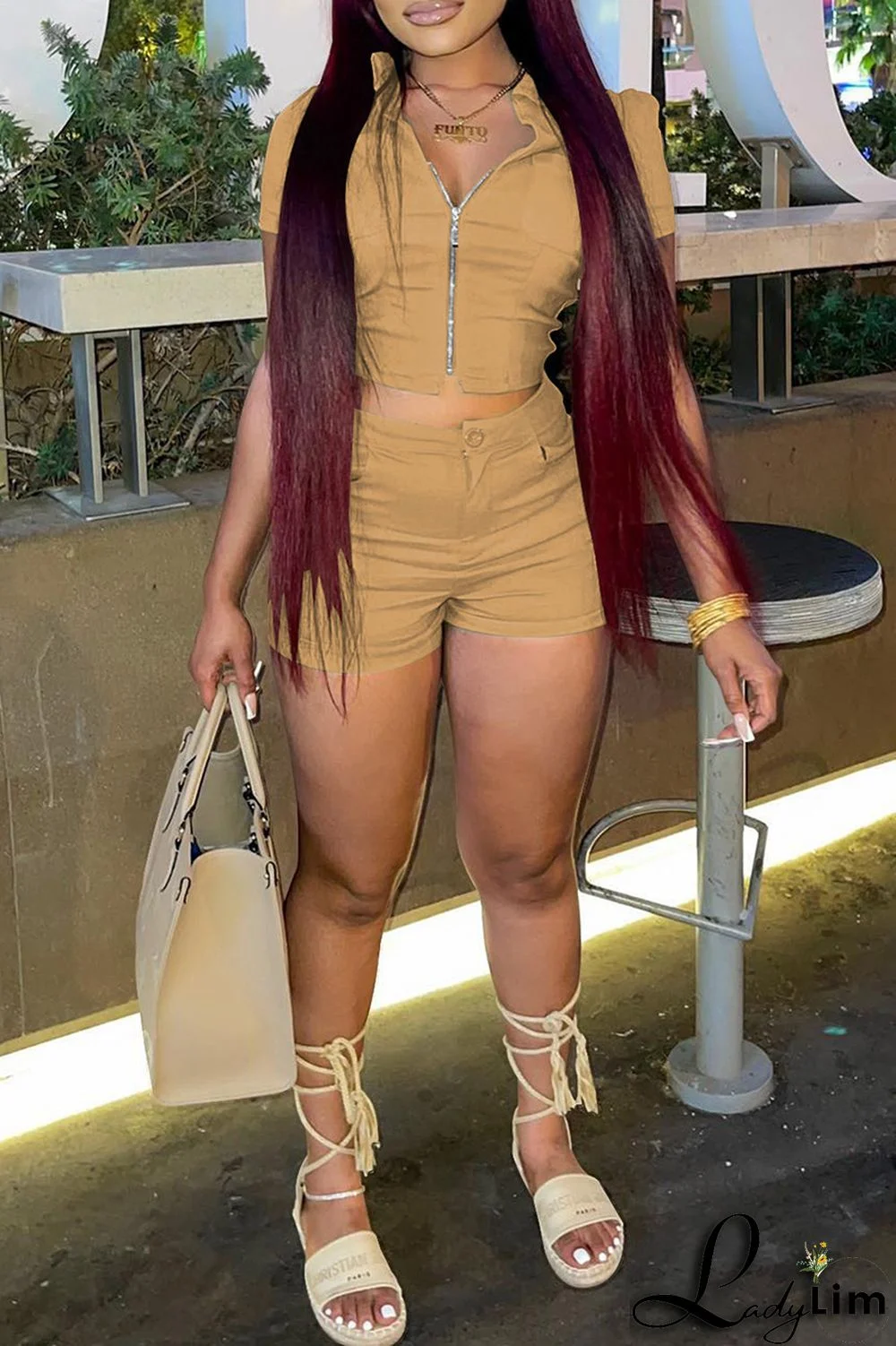 Khaki Fashion Casual Solid Basic Zipper Collar Short Sleeve Two Pieces