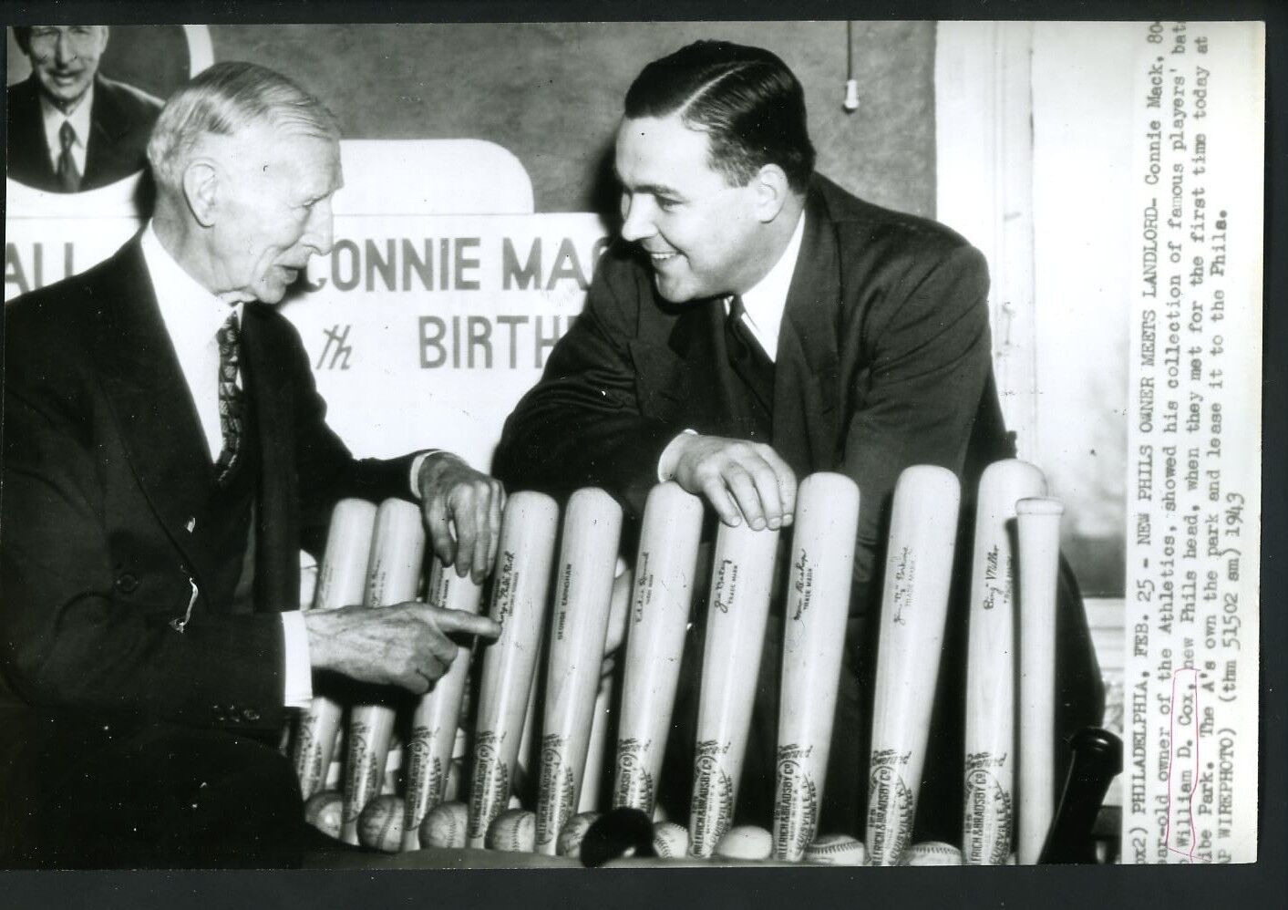 New Phillies owner William Bill Cox & A's Connie Mack 1943 Press Wire Photo Poster painting