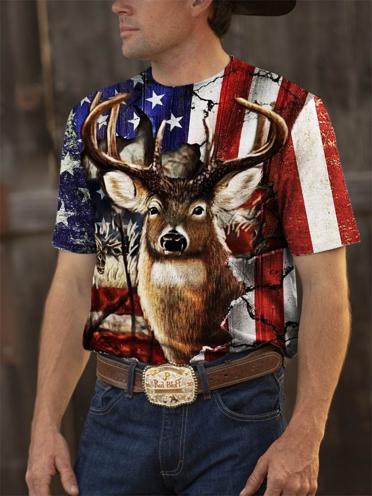 BrosWear Western Flag Inspired Deer Print Crew Neck T Shirt
