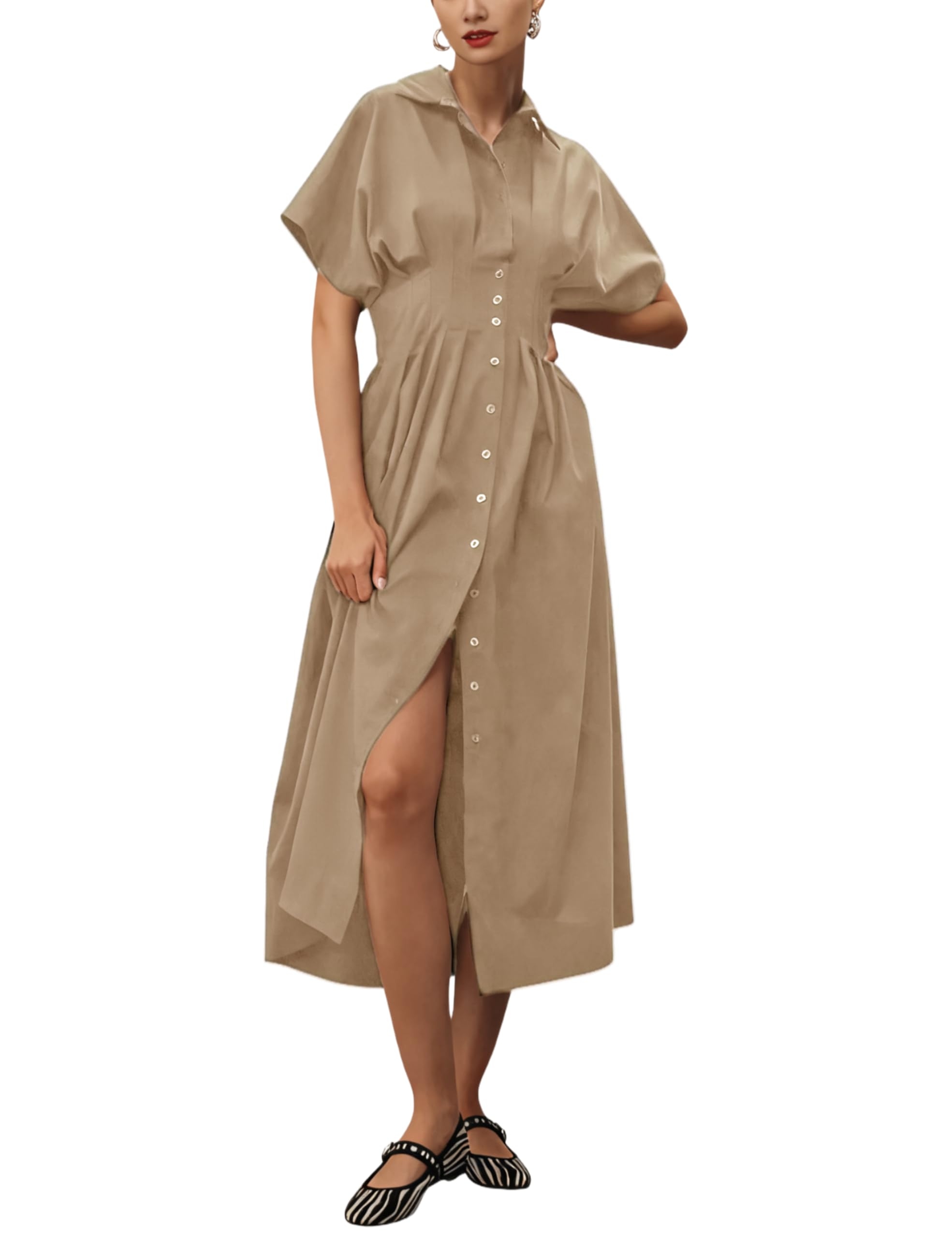 Yeokou Short Sleeve Maxi Sundress Loose Button Down Shirt Women