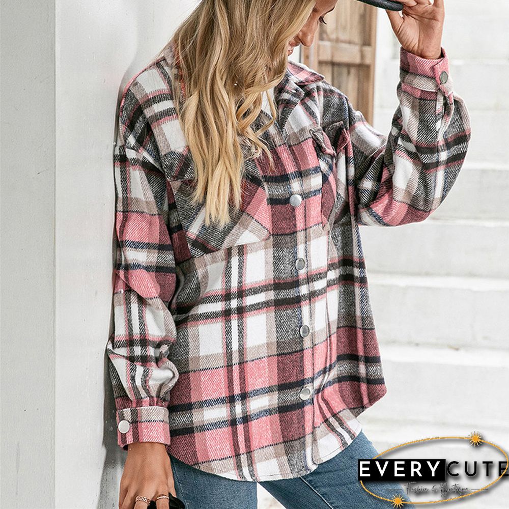 Women Plaid Printed Pattern Coat Long Sleeve Button-down Collared Jacket With Pockets Ladies Tops Autumn Winter Clothes