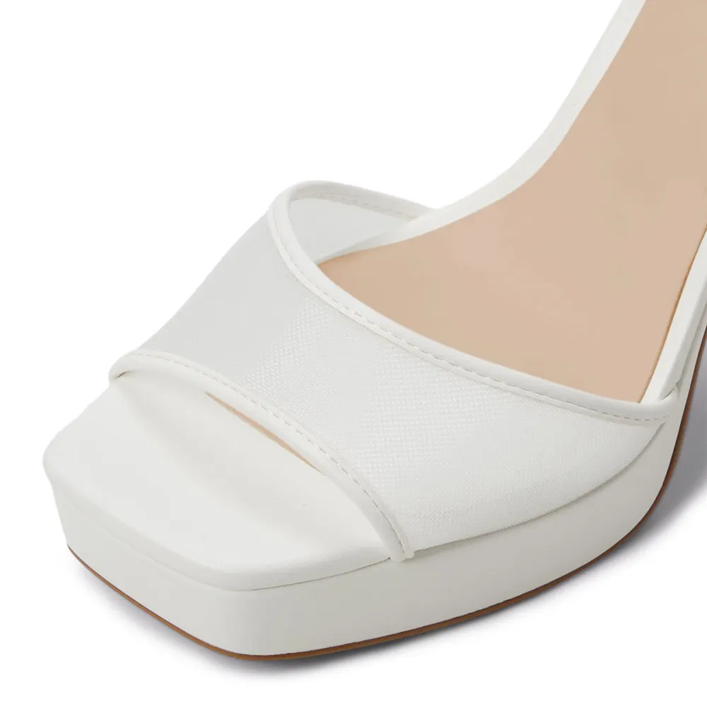 White Mesh Open Square Toe Ankle Strap Chunky Heel Platform Sandals