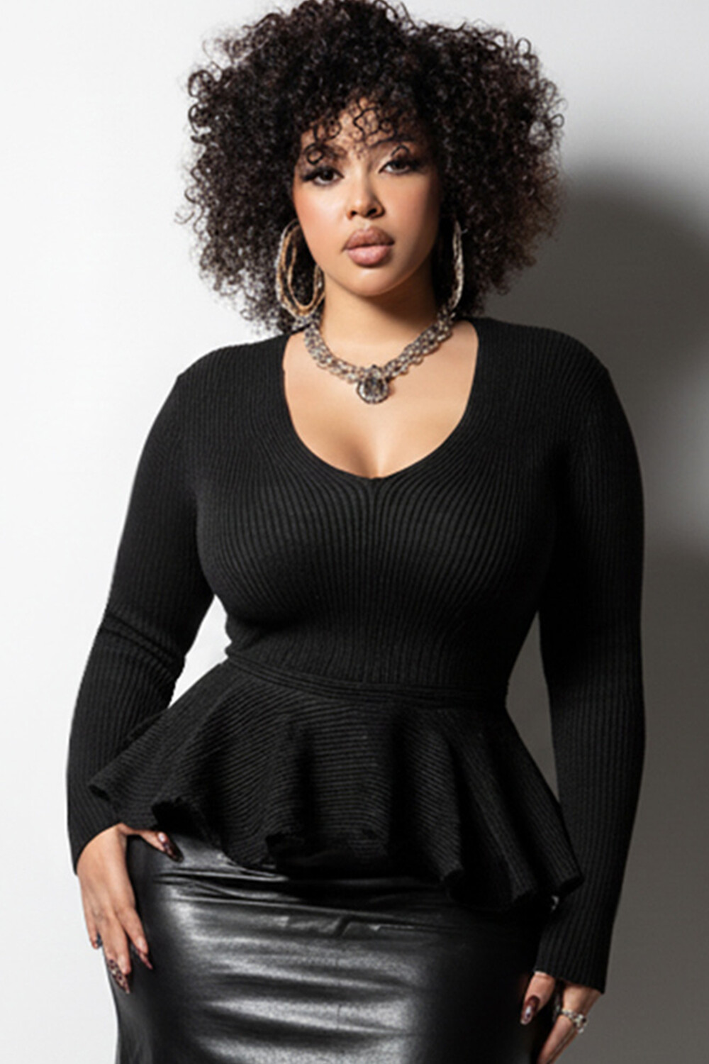 Xpluswear Design Plus Size Daily Black V Neck Long Sleeve Ruffle Casual Sweaters