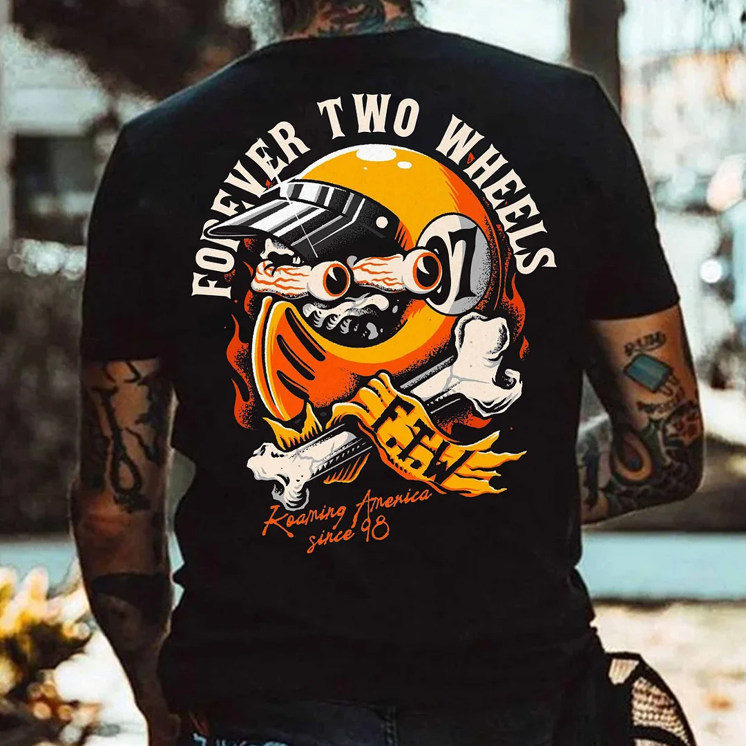 FOREVER TWO WHEELS Helmet Skull Print Men's T-shirt