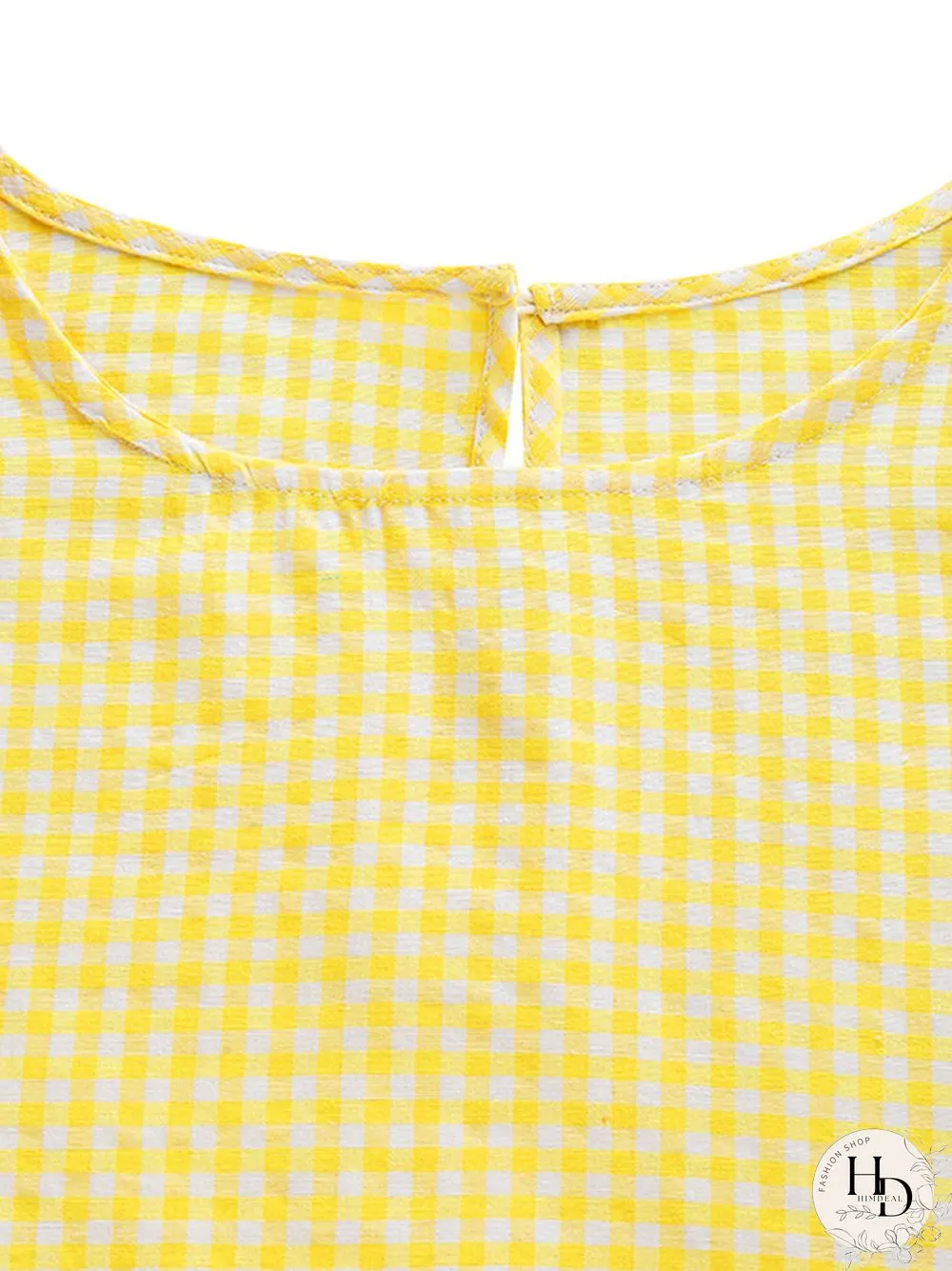 Check Print Puff Sleeve Keyhole Back Crew Neck Dress