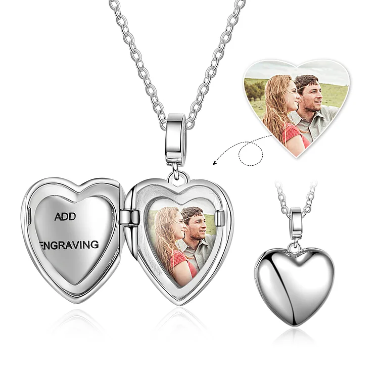 925 Sterling Silver Engraved Heart Picture Locket Necklace, Custom Necklace with Picture and Text  