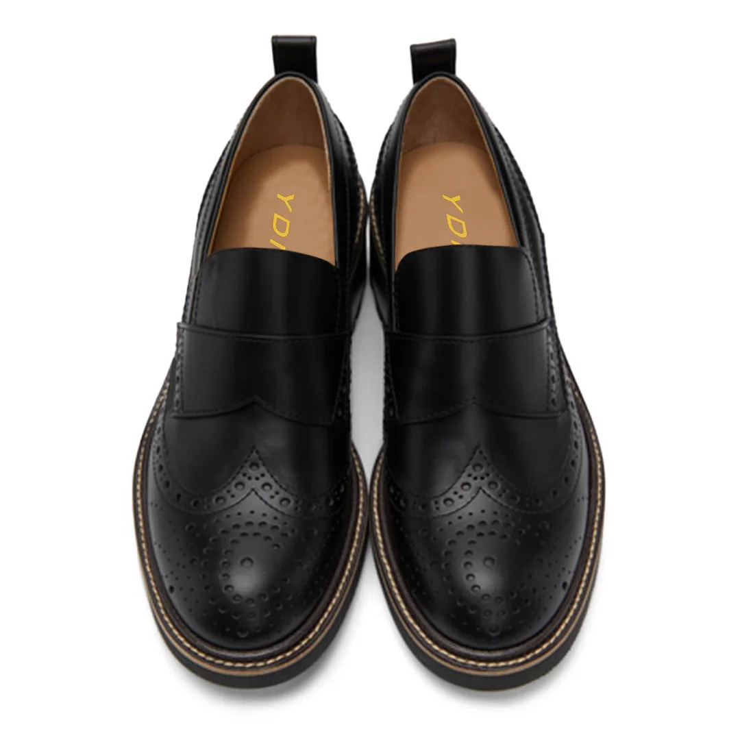Black Slip-On Hollowed Round Toe Womens Loafers with Block Heel