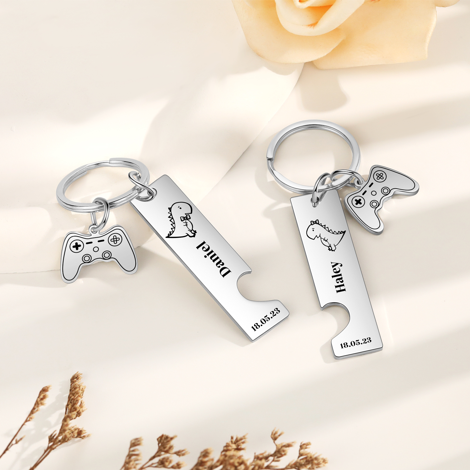 Personalised Couple Keychain Dinosaur Custom 2 Names Date Keyring Game Console Valentine's Day Gift for Him/Her-Jessemade AU