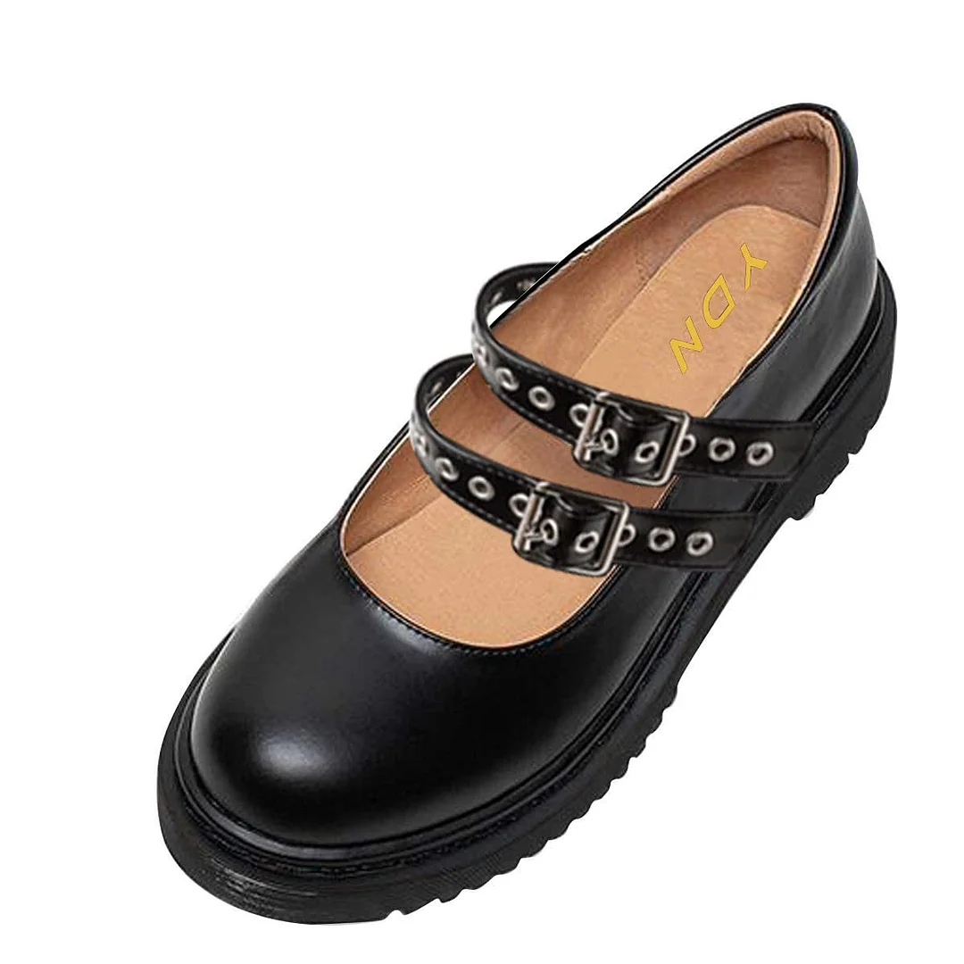Black Vegan Leather Round Toe Studded Strappy Mary Jane Shoes 
