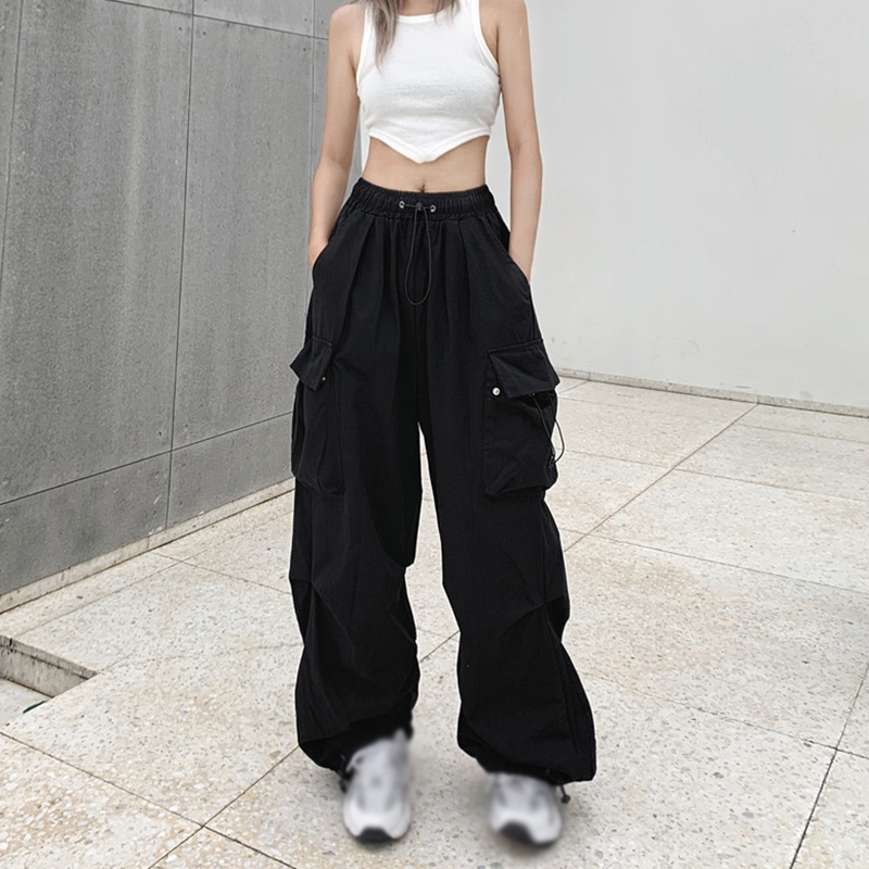Women's Low Waist Drawstring Pocket Hip Hop Pants Loose Sweat Pants Wide Leg Drawstring Solid Color Work Pants