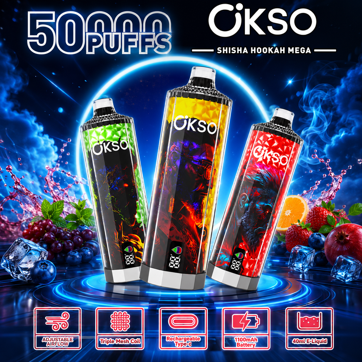 OKSO Shisha Hookah Mega 50K Vape | Box of 10 mysite fumotvapeshop