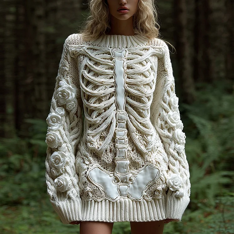 Women's Vintage Halloween Skeleton Bones With White Rose Art Cozy Knit Mini Sweater Dress