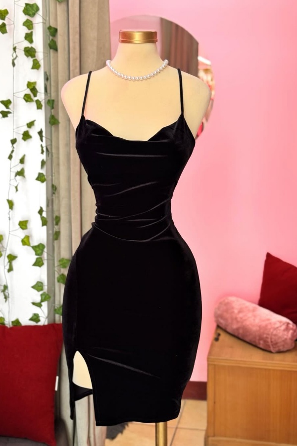 Black Spaghetti-Straps Short Prom Dress Sleeveless with Split QL0052
