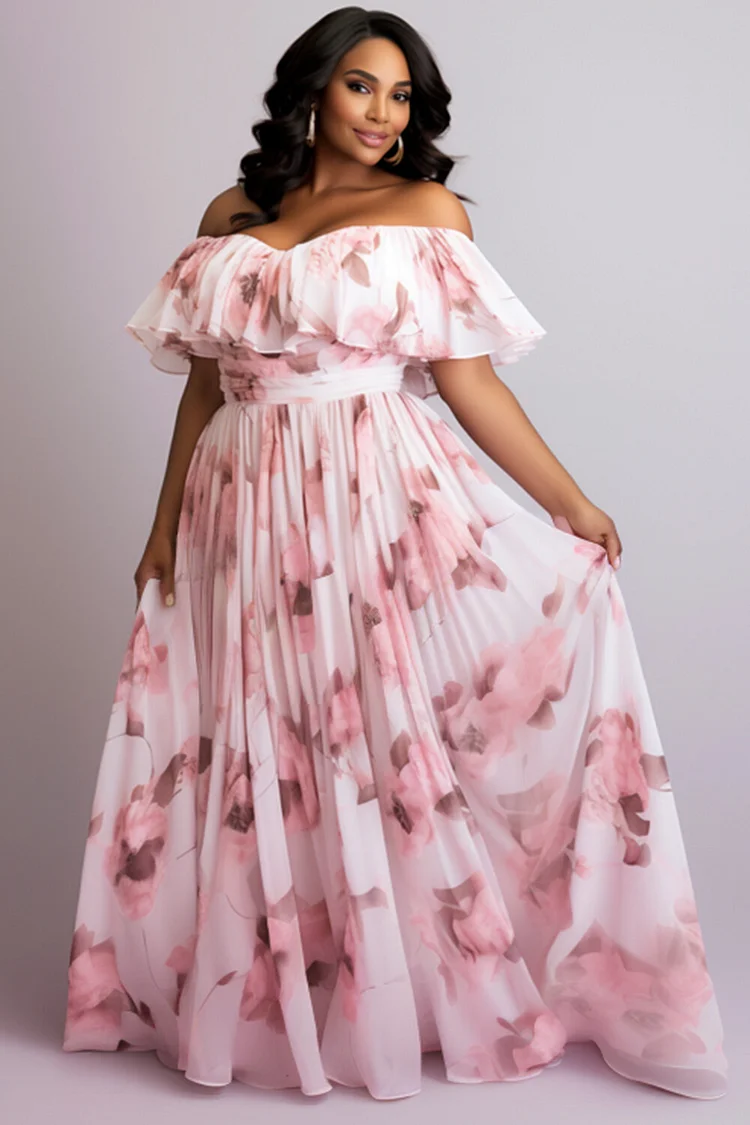 Xpluswear Design Plus Size Vacation Pink Casual Off The Shoulder Short Sleeve Tiered Ruffle Maxi Dresses [Pre-Order] 2024 - Xpluswear