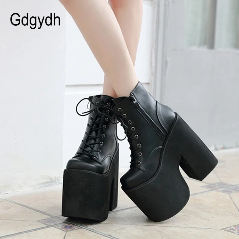 Gdgydh Height 17cm Chunky Heel Motorcycle Boots Women Platform Ankle Boots Punk Cosplay Thick Sole Goth Girls Shoes Big Size 43