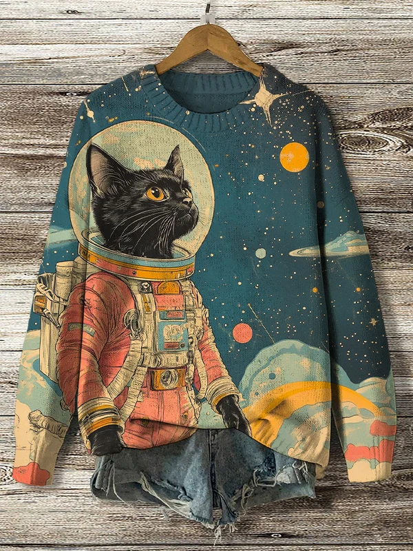 Women's Space Astronaut Cat Art Print Knit Sweatshirt