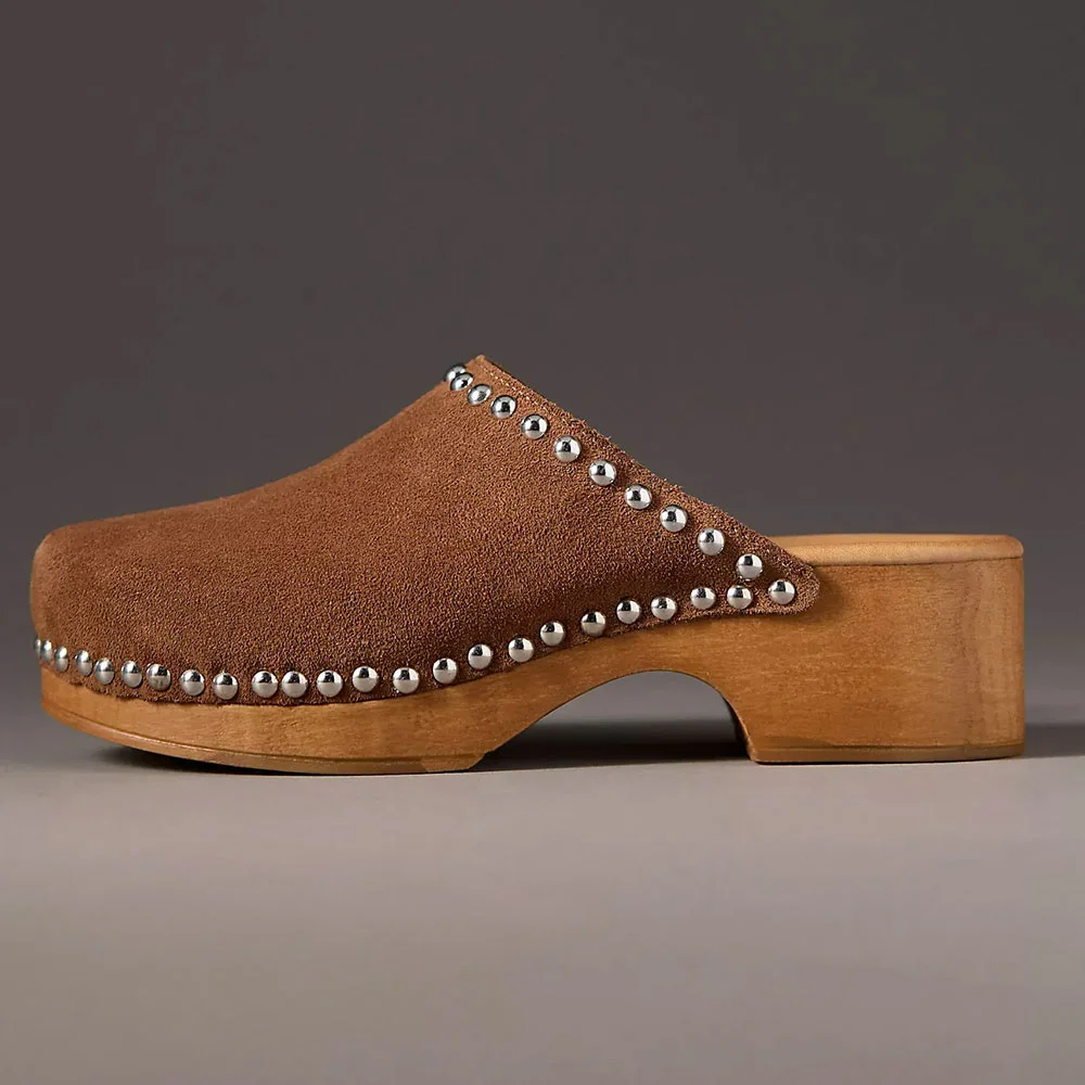 Brown Vegan Suede Round Toe Platform Heeled Mules with Studded