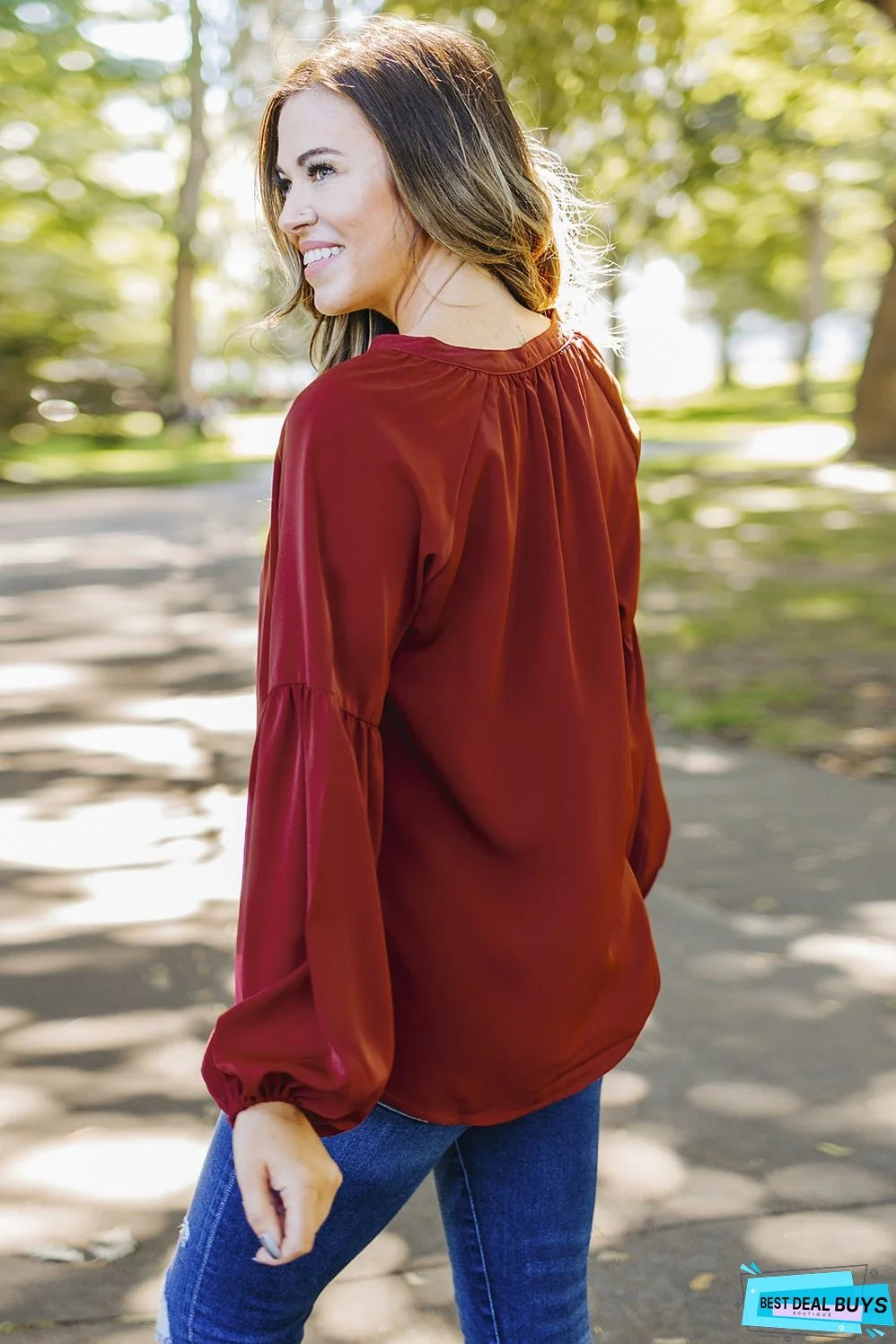 Ruched Notched Balloon Sleeve Blouse