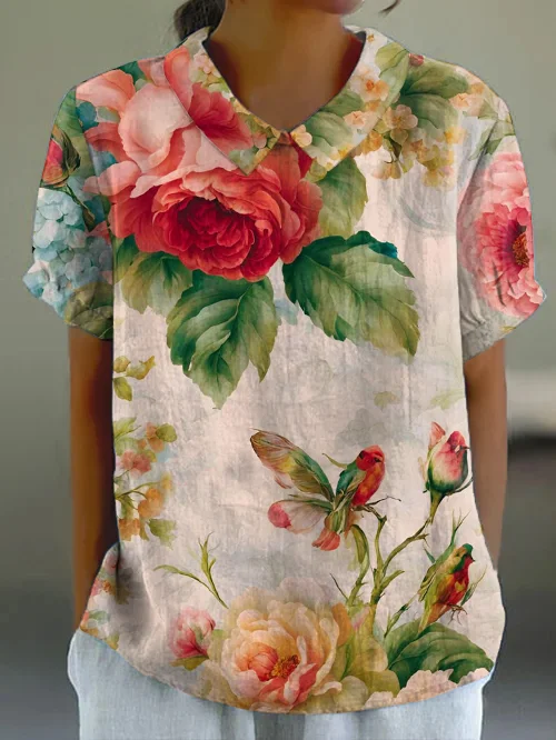 Vintage Floral Print Short Sleeve Lapel Top