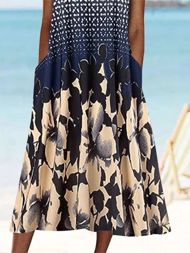 Women's Short Sleeve Scoop Neck Graphic Floral Printed Midi Dress