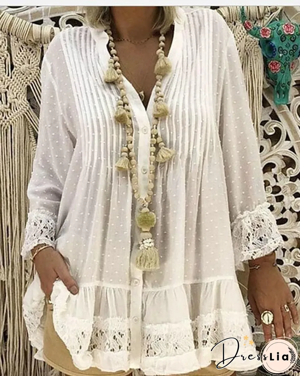 Women's Plus Size Blouse Shirt Solid Colored Long Sleeve Lace Pleated V Neck Tops Loose Basic Top White Blushing Pink Khaki-817