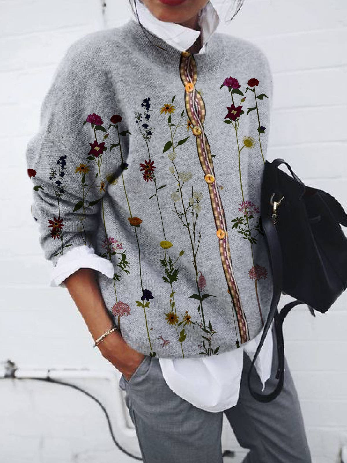 Women Long Sleeve Stand-up Collar Floral Printed Graphic Top