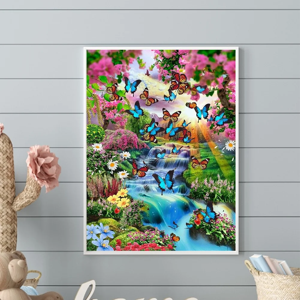 Diamond Painting - Full Round Drill - Flower Butterfly Waterfall(30*40cm)