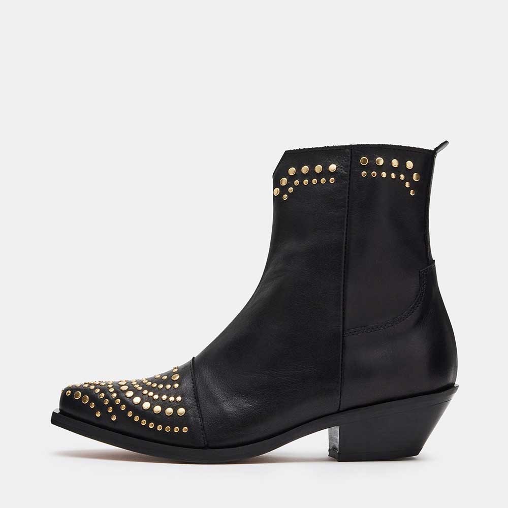 Black Pointed Toe Chunky Heel Side-Zipper Cowgirl Boots with Studs Nicepairs