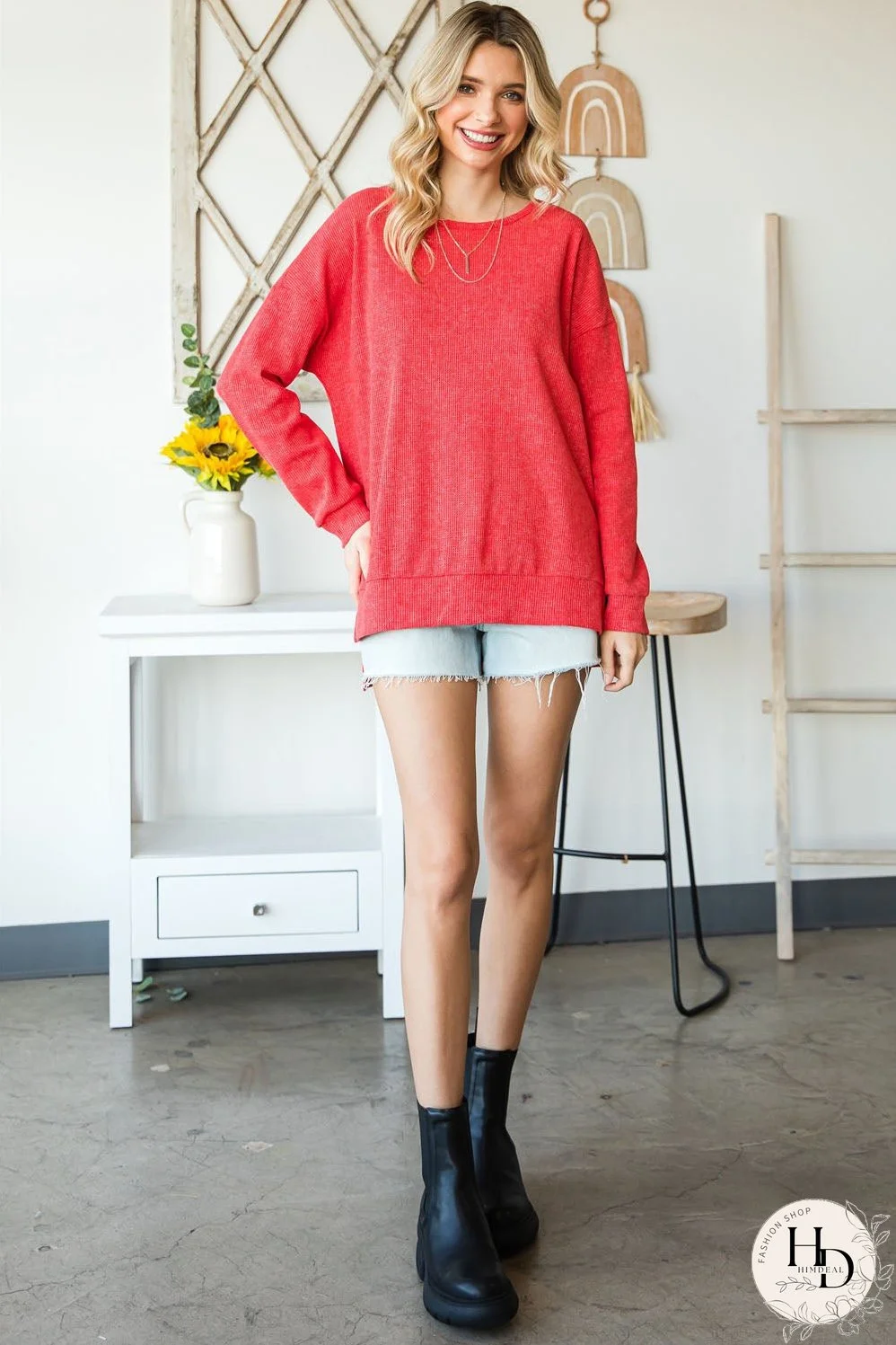 Washed Red Waffle Knit Side Slit Long Sleeve Top