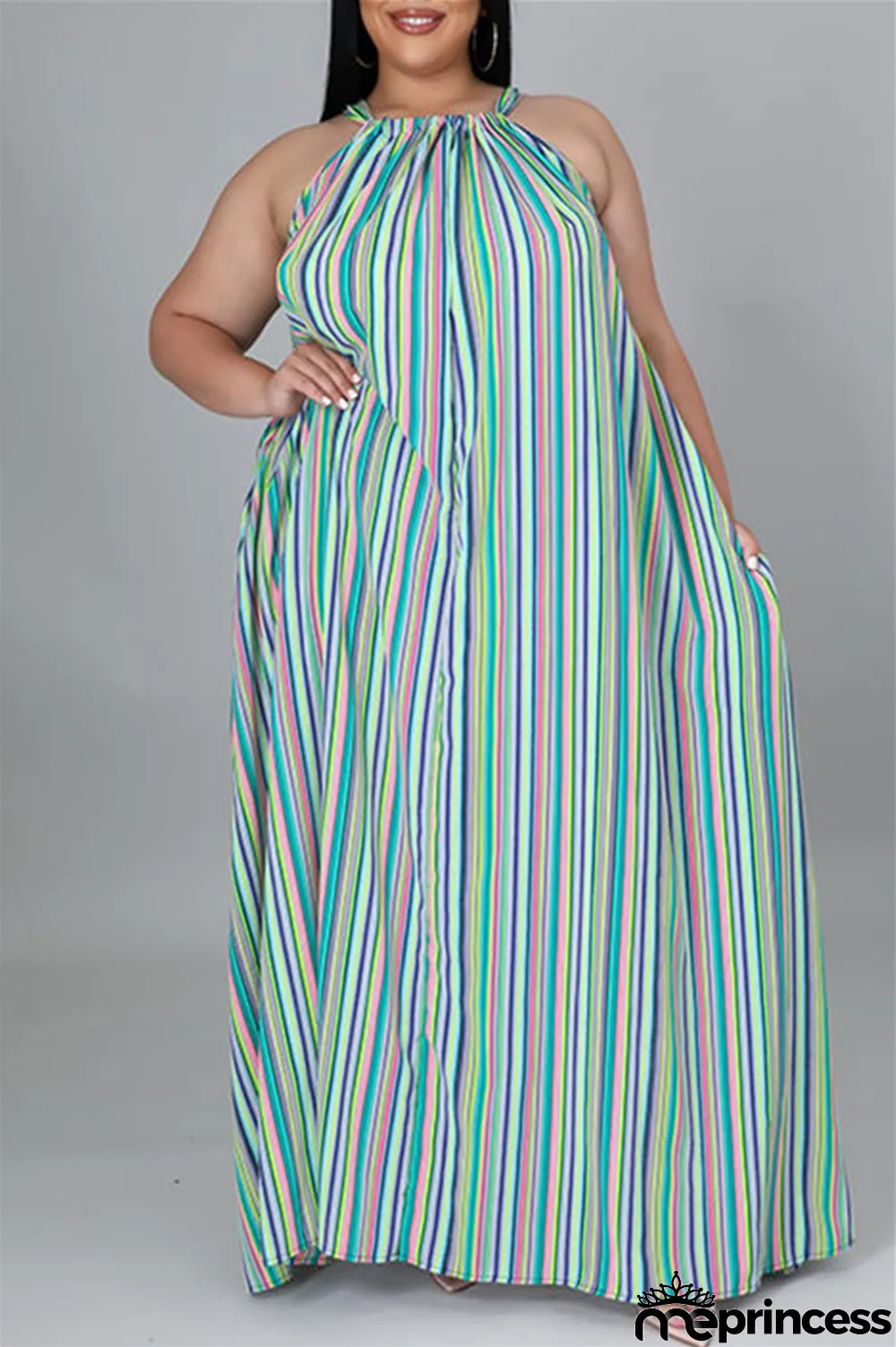 Light Blue Fashion Casual Plus Size Striped Print Backless O Neck Sleeveless Dress