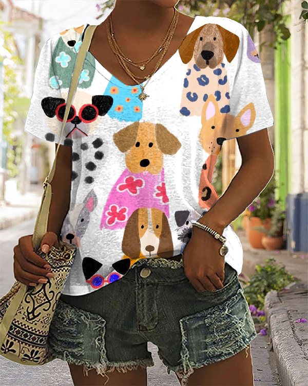 Colorful Funny Cartoon Puppy Print Short Sleeve T-shirt