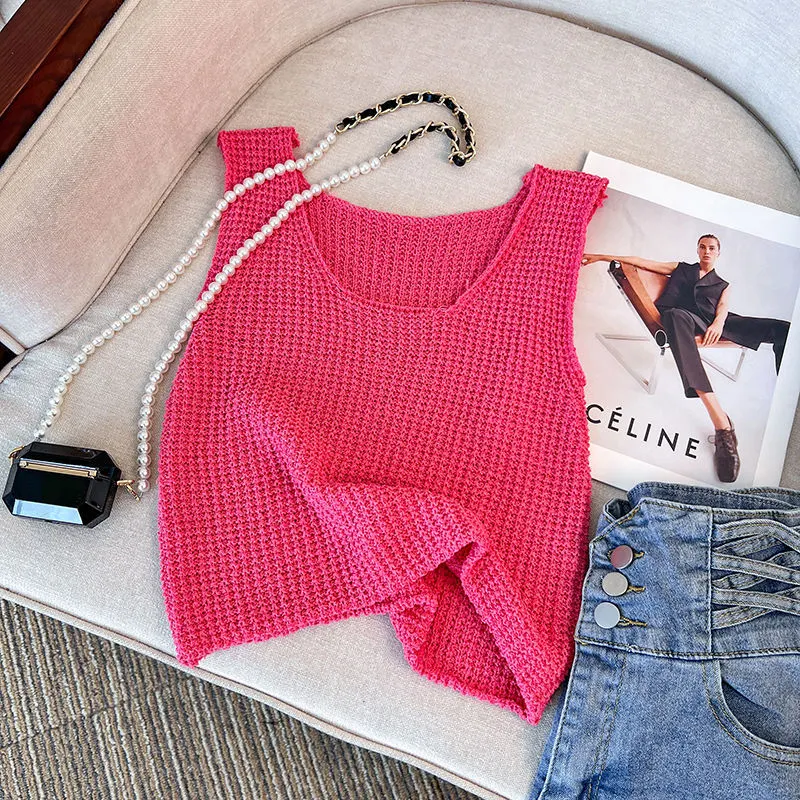 Uveng Uveng With Comfortable Barbieins Wearing Knitted Short Sleeveless New Temperament Slings Sweet Spicy Vest Top